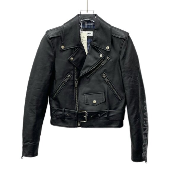 Balenciaga Black Leather Collared Zip-Front Long Sleeve Jacket - Picture 1 of 8